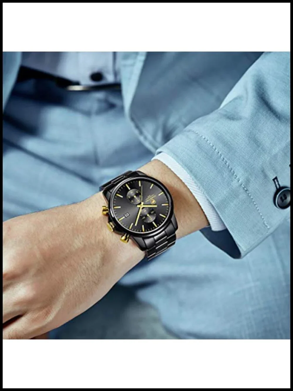 Mens Business Watch Stainless Steel Waterproof Chronograph Quartz Auto Date